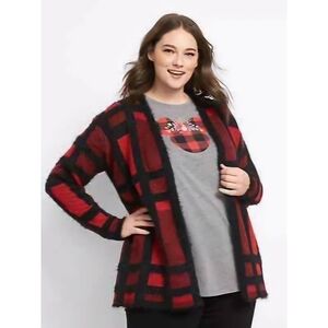 NWT Lane Bryant Red and Black Plaid Open-Front Eyelash Knit Cardigan